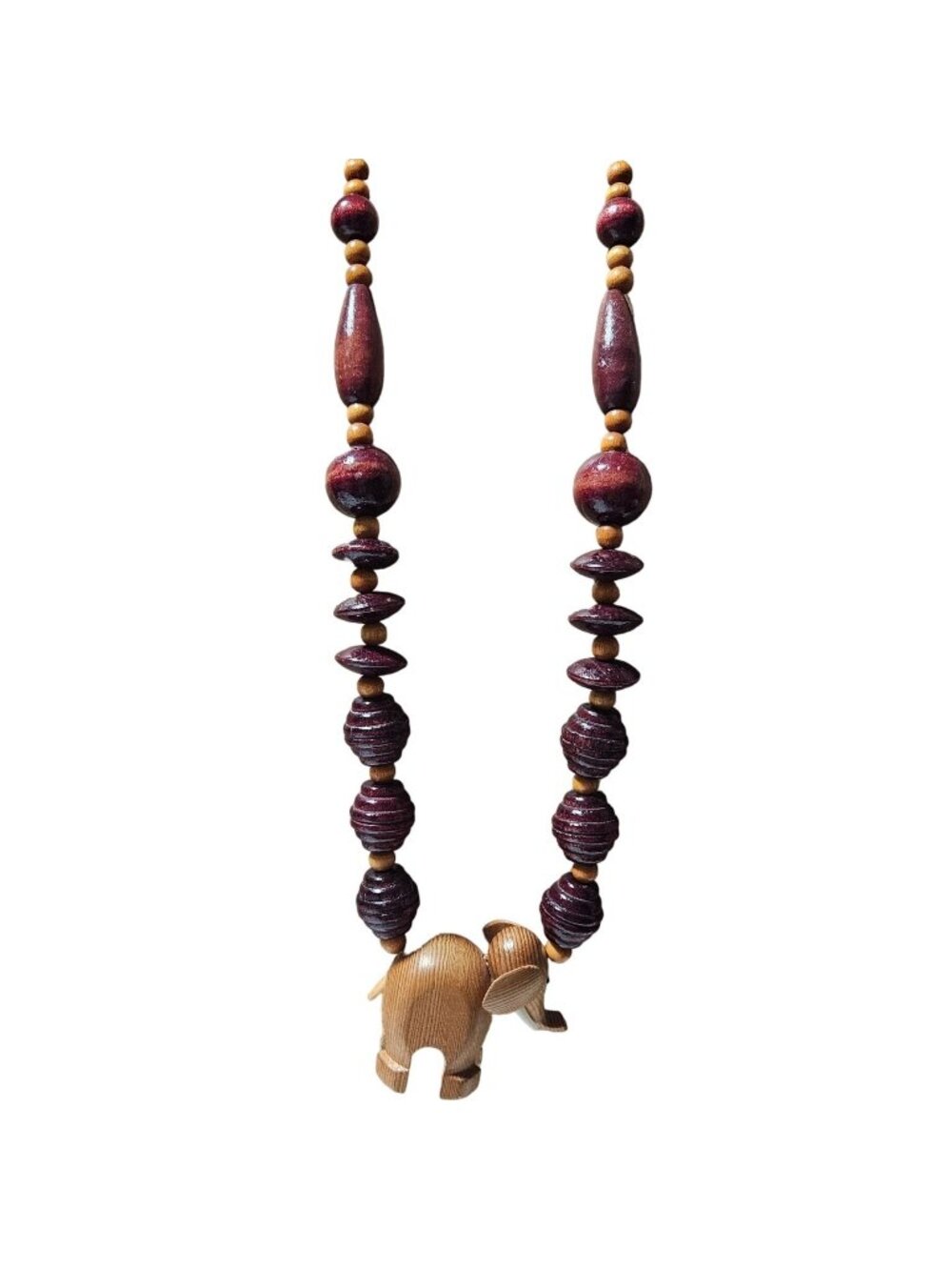 Tribal Wooden Elephant Necklace Beaded Hand Carved African Inspired Safari Boho